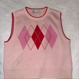 Zara Pink and Red Argyle Knit Vest